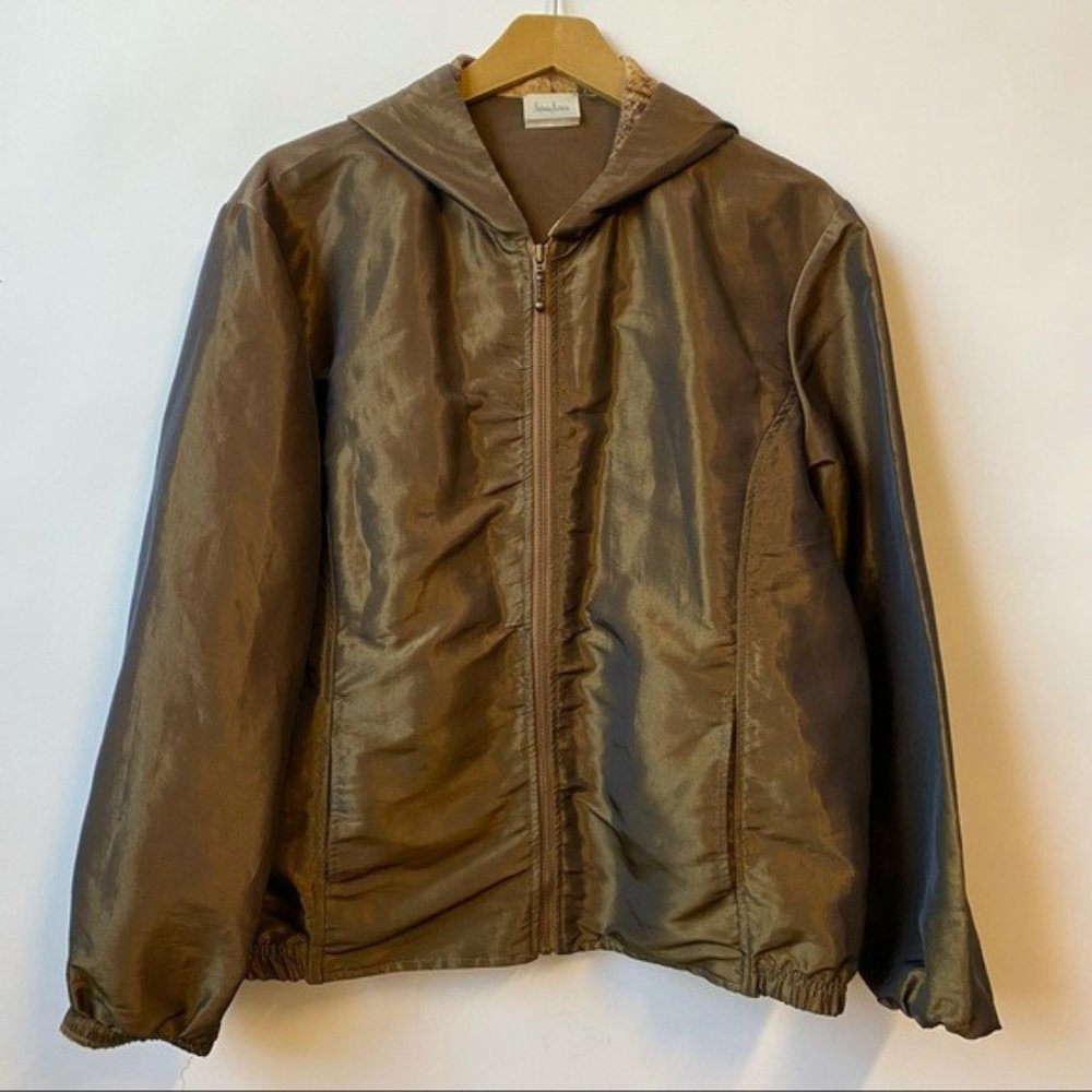 Vintage Women's Neiman Marcus Metallic Satin Bomber Hooded Jacket Animal Print